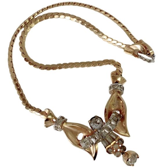 Brilliant Vtg Mazer Bros Clear Rhinestone Necklace Angel Gold Tone